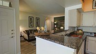 This single-floor residence showcases an open-concept design that connects the kitchen and living areas into one cohesive, flowing space. The kitchen features a peninsula with striking dark granite countertops, providing both a functional workspace and a natural divider between the cooking and living zones. White cabinetry adds a clean contrast to the rich stone surfaces, and a sink positioned along the peninsula offers convenient sightlines into the main living area.

The living room is warmly appointed, with hardwood-style flooring grounding the space and an area rug anchoring the seating arrangement. Comfortable upholstered furniture, paired with decorative patterned pillows, contributes to the inviting atmosphere. A bold, deep green accent wall in the background adds a dramatic focal point, complemented by framed artwork and ambient floor lamps that create a layered lighting scheme throughout.

The open sightlines from the kitchen through to the living area and beyond enhance the sense of spaciousness, making the layout feel expansive and well-connected. The overall ambiance is warm and sophisticated, with a harmonious blend of earthy tones and elegant finishes.