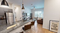 Located at 2136 Cumberland Ave in Knoxville, TN, this single-floor residence offers five bedrooms and four bathrooms across a well-designed, modern layout. The open-concept kitchen and living area serves as the heart of the home, featuring dark granite countertops, a breakfast bar with seating, gray shaker-style cabinetry with gold hardware, stainless steel appliances, and pendant lighting. The kitchen flows seamlessly into the living room, which is bathed in natural light from large windows with blinds and is finished with durable hardwood-style flooring and a ceiling fan. The living space provides a comfortable, airy atmosphere with tall ceilings that enhance the sense of openness. Each of the five bedrooms offers a private, cozy retreat with plush carpeting, natural light, and ample space for a bed, nightstand, and study desk — ideal for individual living. The bathrooms echo the home's modern aesthetic with gray vanities topped with stone counters, gold-toned hardware, and matching hardwood-style flooring. A central hallway connects all rooms, ensuring a practical and cohesive floor plan. The clean, neutral color palette throughout creates a bright and inviting ambiance suited for comfortable everyday living.
