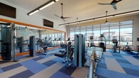 This fitness center is a thoughtfully designed, single-floor facility built to support a wide range of workout routines. The space is anchored by a striking textured stone accent wall in cool blue-grey tones, framed with bold orange trim that adds a vibrant, energetic character to the interior. Large floor-to-ceiling windows along one wall flood the space with natural light and offer open views of the surrounding outdoor environment, creating an inviting and motivating atmosphere. Strategically placed ceiling fans and pendant lighting ensure comfort throughout.

The flooring features a two-tone blue and grey carpet tile pattern that visually defines different workout zones. A generously sized mirrored wall expands the sense of space and provides feedback during strength training sessions. The facility is outfitted with professional-grade Matrix strength machines and cable systems, a row of treadmills and cardio equipment positioned to face the exterior windows, adjustable weight benches, and a full rack of dumbbells. A dedicated functional training corner houses stability balls, medicine balls, resistance bands, and yoga mats, catering to flexibility and dynamic training needs. Wall-mounted flat-screen televisions are positioned for easy viewing from multiple workout areas. The space is accessed through double glass doors, enhancing its open and welcoming feel.
