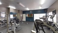 This fitness center is thoughtfully designed to support a comprehensive workout experience across two connected areas. The space is finished with durable dark flooring throughout and illuminated by overhead fluorescent lighting, creating a bright and energetic atmosphere.

The cardio zone is lined with large windows fitted with horizontal blinds, allowing natural light to fill the room. This area houses multiple treadmills, elliptical trainers, and upright exercise bikes, several equipped with individual monitor screens. Workout instruction charts are posted on the walls for easy reference.

An adjoining strength training section features a selection of Cybex and VR3 cable and selectorized machines, along with an adjustable weight bench and additional resistance equipment. A wall-mounted flat-screen television keeps users entertained during sessions.

The free weights area is anchored by a full dumbbell rack with a large wall mirror, allowing users to monitor their form. A medicine ball rack adds versatility for functional training. A bold teal accent wall adds a pop of color, complemented by a colorful wall-mounted cubby storage unit — ideal for organizing personal belongings during workouts. Instructional fitness posters are displayed throughout, reinforcing the space's practical and informative character.