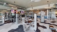 Located at 2005 W Campbell Rd in Garland, Texas, this single-floor fitness center is designed with a contemporary aesthetic and a thoughtful layout that supports a full range of exercise activities. The space is divided into distinct functional zones, each outfitted to serve different training needs.

The main workout area features an extensive selection of Cybex strength-training machines, free weights, and cardio equipment including treadmills, stationary bikes, and rowing machines. The flooring throughout this zone is a striking hexagonal-patterned carpet tile in varying shades of gray, white, and charcoal, adding a bold visual element to the space. Exposed ductwork and industrial-style ceiling fans contribute an urban, modern feel, while circular pendant lighting provides warm, focused illumination.

A separate studio space features hardwood flooring, floor-to-ceiling mirrors, wall-mounted televisions, and large glass windows that offer views of an outdoor area, flooding the room with natural light. Glass partition walls and doors connect the studio to the main gym floor, maintaining an open, connected atmosphere.

Additional features include a brick accent wall, motivational signage, a small beverage refrigerator station, and ample natural light from large windows facing the exterior. The overall ambiance is energetic yet polished, balancing industrial design elements with modern finishes.