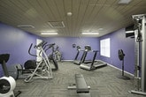 This fitness center offers a comprehensive workout environment contained within a single level. The space is immediately recognizable by its bold periwinkle-purple walls paired with a wood-paneled ceiling, creating a distinctive aesthetic complemented by fluorescent strip lighting throughout. The durable, patterned carpet tile flooring provides a practical and resilient surface suited to high-traffic exercise use.

The cardio section is well-appointed, featuring multiple treadmills, elliptical trainers, and a stationary recumbent bike, offering a variety of low- and high-impact exercise options. A wall-mounted television is positioned for viewing during cardio sessions, and a standing fan provides additional airflow. The strength training area includes a multi-function cable machine, a flat weight bench, and a well-stocked dumbbell rack with a full range of free weights arranged on a dedicated stand. Mirrors are strategically placed along one wall to assist with form and to visually expand the space.

Practical amenities include a fire extinguisher, an electrical panel, a sanitation station, and HVAC ventilation. Two access doors allow for smooth flow through the space. Overall, the fitness center is organized, functional, and fully equipped to support a wide range of workout routines.