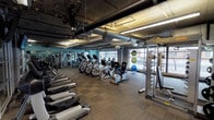 This single-floor fitness center offers a comprehensive workout environment designed to accommodate a wide range of exercise needs. The space features an industrial-inspired aesthetic, with exposed concrete ceilings, visible ductwork, and overhead piping that lend a modern, urban character to the interior. Durable, patterned carpet tile flooring covers the workout area, providing both comfort and practicality underfoot.

The cardio zone is well-appointed with a generous lineup of True-brand treadmills, upright and recumbent stationary bikes, elliptical trainers, and stair climbers arranged in organized rows. Mounted flat-screen televisions are positioned throughout for entertainment during workouts. The strength training section features a full rack of dumbbells along a mirrored wall, multiple cable and resistance machines, and functional training equipment including medicine balls and stability balls in various sizes. Large floor-to-ceiling windows along one wall flood the space with natural light and offer views of the surrounding streetscape.

Glass-panel partitions and doors connect the fitness floor to an adjacent room, adding an open, transparent feel to the layout. The teal-accented walls provide a pop of color against the otherwise neutral industrial palette, contributing to an energizing and motivating atmosphere throughout the facility.