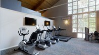 Located at 1600 Bonwood Road in Wilmington, Delaware, this fitness center offers a well-appointed, single-floor workout facility designed to support an active lifestyle. The space is immediately distinguished by its striking vaulted ceiling with exposed wood beams, which lends a warm, architectural character rarely found in traditional gym settings. Large, multi-pane windows line one wall, flooding the interior with abundant natural light and offering views of the surrounding greenery, creating an open and energizing atmosphere. The flooring features durable, patterned carpet tiles suited for high-traffic fitness use. The cardio area is outfitted with a comprehensive lineup of TRUE brand equipment, including recumbent bikes, elliptical cross-trainers, and treadmills, all arranged in a row for easy access. Multiple wall-mounted flat-screen TVs are positioned for convenient viewing during workouts. Ambient lighting is thoughtfully incorporated, including a decorative starburst wall sconce that adds a stylish accent to the space. A ceiling-mounted fan aids in air circulation, while a wall-mounted air conditioning unit ensures year-round comfort. The overall ambiance is clean, modern, and inviting, making it a functional and aesthetically pleasing space for residents to pursue their fitness goals.