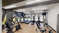 This fitness center is designed to support a comprehensive workout experience across two connected zones. The main cardio area features multiple treadmills, elliptical trainers, stationary bikes — including both upright and recumbent models — and a rowing machine, all arranged along a wall of windows that allow natural light to fill the space. A wall-mounted television keeps users entertained during cardio sessions. The flooring throughout is a light-toned wood-look material, and the ceilings are fitted with linear LED lighting that ensures consistent, bright illumination. A striking large-scale abstract mural in bold blues, yellows, and blacks serves as a dynamic focal point on one accent wall, adding an energetic visual element to the environment.

The second zone transitions into a strength and free-weight area. A full-length mirror spans one wall, amplifying the sense of space, while a rack of dumbbells and an adjustable weight bench provide options for resistance training. A multi-station cable machine offers additional strength training versatility. Motivational text featuring names and achievements of notable athletes is displayed prominently on the wall, reinforcing an athletic atmosphere. A set of medicine balls and additional functional training equipment round out the offerings. Double glass doors provide access to an outdoor area, enhancing ventilation and connectivity to the exterior.