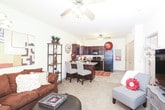 This single-floor residence offers a thoughtfully arranged layout that balances comfort and functionality. The living area is warm and inviting, anchored by a large sectional sofa, plush carpeting, and a ceiling fan overhead. Natural light filters through blinds on a front-facing window, while bold abstract artwork adorns the walls, adding a contemporary artistic touch. An open-format shelving unit and media console complete the space.

The kitchen is a standout feature, outfitted with rich dark wood cabinetry that extends to the upper and lower cabinets, granite-style countertops, and black appliances including a range, microwave, and refrigerator. Tile flooring and a double-basin sink round out the practical design, while a pass-through window connects the kitchen visually to the living area.

The bedroom is a serene retreat with soft carpeted floors, a ceiling fan, and a generously sized bed as the focal point. A dark wood dresser provides ample storage, and curated artwork decorates the walls, lending the room a stylish, personalized feel. A window allows in natural light, enhancing the room's airy atmosphere.

The bathroom is clean and functional, featuring tile flooring, a toilet, vanity with cabinetry, and a mirror. The overall ambiance of this residence is cohesive, stylish, and move-in ready.