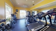 This single-floor fitness center is thoughtfully designed to support a comprehensive workout experience. The space is defined by vibrant yellow walls accented with crisp white crown molding, creating an energetic and welcoming atmosphere. Durable rubber flooring spans the entire area, providing a safe and practical surface for exercise.

The facility is outfitted with a wide array of equipment, including multiple treadmills, elliptical machines, a rowing machine, a multi-function strength training cable machine, and a full rack of free weights ranging in various sizes — accommodating users of all fitness levels. A wall-mounted television and ceiling fan provide comfort and entertainment during workouts.

Large, grid-paned windows are a standout architectural feature, flooding the space with abundant natural light and offering picturesque views of the surrounding waterfront and lush tropical landscaping, including palm trees. Floor-to-ceiling mirrors line one wall, visually expanding the space and aiding in proper form during exercise.

Recessed lighting in the ceiling supplements the natural light, ensuring the space is well-lit at all times. Multiple exterior doors with glass panels provide direct access to the outdoors, further enhancing the connection to the natural surroundings and allowing for excellent ventilation throughout the facility.