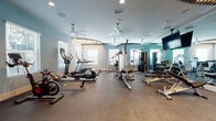 Located at 2600 Executive Drive in Venice, Florida, this single-floor fitness center is a well-appointed facility designed to support a comprehensive workout experience. The space is thoughtfully organized into distinct functional zones, allowing members to seamlessly transition between cardio, strength training, and group exercise activities.

The cardio area is stocked with spin bikes, elliptical machines, treadmills, and rowing machines, all positioned near large windows that allow natural light to fill the space. Ceiling fans throughout ensure comfortable airflow during workouts. A dedicated cycling zone features a flat-screen television mounted against a striking decorative wall accent of angled wooden slats, creating an energizing atmosphere.

The strength and free weights section is anchored by a full rack of dumbbells, multiple adjustable benches, and a multi-station cable machine. Floor-to-ceiling mirrors line the walls, visually expanding the room and allowing users to monitor their form. A ceiling-mounted television provides entertainment during training sessions.

A convenient amenity nook near the entrance includes a compact refrigerator and wall-mounted shelving stocked with yoga mats, catering to flexibility and wellness routines. The overall design palette of soft teal and neutral tones, combined with durable rubberized flooring, gives the facility a clean, modern, and professional ambiance suited for all fitness levels.