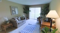 This single-floor residence offers a welcoming and well-appointed living space designed for comfortable everyday living. The main living area is finished with soft wall-to-wall carpeting and features warm, muted green walls that lend a calm and inviting atmosphere throughout. A large sliding glass door serves as the focal point of the room, flooding the interior with natural light while framing a verdant outdoor view — ideal for those who appreciate a seamless connection between indoor and outdoor environments. Vertical blinds provide adjustable light control and privacy. The living area is generously sized, accommodating a plush sofa, cushioned armchairs, and a wooden desk, making it versatile for both relaxing and working from home. Tall potted palm trees flank the sliding door, adding a lively, natural touch to the interior décor. A framed art piece on the wall and a striped area rug layered over the carpet contribute to the space's warm, curated feel. The overall ambiance is comfortable and serene, with thoughtful furnishings and natural elements creating a lived-in yet tidy environment suited for a range of lifestyles.