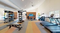 Located at Berkeley Place in Clemson, SC, this well-appointed fitness center offers a generously sized, single-floor layout designed to accommodate a comprehensive range of workout routines. The space is characterized by soaring vaulted ceilings with ceiling fans, recessed lighting, and exposed ductwork that contribute to an open, airy atmosphere throughout.

The cardio section is equipped with a row of TRUE-brand treadmills and elliptical machines positioned along a wall of large windows, allowing natural light to pour in and providing views of the outdoor pool area. Multiple wall-mounted flat-screen TVs are conveniently positioned throughout the space to keep members entertained during workouts.

The strength training area features a Jones-brand power rack, a cable machine, a full dumbbell rack with adjustable benches, resistance equipment, and a stair climber. Additional equipment includes rowing machines, stationary bikes, medicine balls, and a punching bag, offering diverse cross-training options. A mirrored wall expands the sense of space in the strength zone.

The flooring features a distinctive multi-colored patchwork pattern in grey, orange, and tan tones, adding visual energy to the space. An accent wall in warm orange anchors the rear of the room, housing a centrally mounted TV. The overall design balances functionality with a modern, motivating aesthetic.