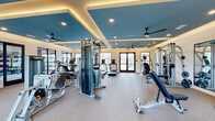 Located at 300 Highway 81 in McDonough, Georgia, this well-appointed fitness center offers a comprehensive workout facility across a single, generously sized floor. The main gym area is anchored by a striking tray ceiling design with bold teal-blue insets, warm ambient uplighting, and multiple ceiling fans that keep the environment comfortable. The space is outfitted with a full suite of Matrix-brand strength and cardio equipment, including cable machines, treadmills, a stair climber, a Smith machine, and a dedicated dumbbell rack with wall-mounted mirrors that visually expand the room. Large windows and glass-paneled double doors flood the main floor with natural light while offering views of the surrounding community. A separate functional training room provides space for dynamic workouts, equipped with a tire flip sled, TRX suspension trainers, kettlebells, battle ropes, medicine balls, and stability balls organized on storage racks. A glass garage-style door in this room opens to extend the training area. An additional cycling zone features stationary bikes with digital displays, set against expansive floor-to-ceiling windows that bring in abundant daylight. Throughout the facility, clean white walls, neutral flooring, and modern recessed lighting create a bright, motivating atmosphere suited for a wide range of fitness activities.
