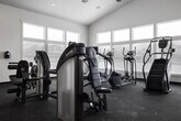 This fitness center offers a generously sized, single-floor layout designed to accommodate a comprehensive range of workout activities. The space is defined by its striking vaulted ceiling, which rises dramatically to create an open, airy atmosphere and contributes to a sense of spaciousness throughout. A ceiling fan is centrally mounted, supporting air circulation during workouts.

Large, multi-pane windows line the perimeter walls, flooding the interior with abundant natural light while providing views of the surrounding exterior. The neutral white walls and light-toned ceiling complement the dark rubberized flooring, which provides both durability and traction underfoot.

The cardio zone features a treadmill, elliptical trainers, a stair climber, and a stationary bike, accompanied by a wall-mounted television for entertainment. The strength training area is equipped with multiple selectorized cable machines and a weight bench, while a dedicated free weights section includes a full dumbbell rack, exercise balls in multiple sizes, and a large floor-to-ceiling mirror that visually expands the space and supports form monitoring.

Recessed lighting supplements natural light for evening or low-light use. The overall design is clean, functional, and well-organized, creating an inviting environment suited to a variety of fitness routines.