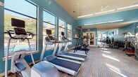 This fitness center is designed to support a comprehensive workout experience within a single, open-plan floor. The space is characterized by its signature teal-painted walls, elevated ceilings, and an abundance of natural light streaming through large floor-to-ceiling windows that line multiple walls. These windows offer direct views of an outdoor pool area and surrounding greenery, creating an energizing and visually open atmosphere.

The cardio zone features a row of treadmills and elliptical machines, each equipped with individual media screens, positioned along the windowed wall to maximize natural light and outdoor views. Nearby, a selection of stationary bikes and stair-climbing equipment rounds out the aerobic training options.

The strength training area is thoughtfully segmented, offering a variety of cable machines, weight benches, and multi-use resistance stations. A dedicated free weights section includes a full rack of dumbbells in varying sizes, paired with adjustable benches and medicine balls. Full-length mirrors line one wall of this zone, enhancing the sense of space and providing functional feedback during workouts.

Patterned carpet flooring with rubber mat overlays in the weights area provides both comfort and durability. Ceiling fans and recessed lighting ensure the space remains comfortable throughout. Wall-mounted televisions add an additional entertainment option for users during their sessions.