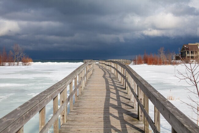 Look over the frozen landscape from the boardwalk during the winter.