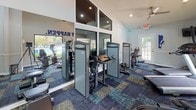 Located at 4949 Marbrisa Dr in Tampa, FL, this fitness center is a thoughtfully designed single-floor facility built to support a well-rounded workout experience. The space features soaring vaulted ceilings that lend an open, airy atmosphere, complemented by ceiling fans that help maintain comfortable airflow throughout. Large windows line the walls, flooding the interior with abundant natural light and offering views of the outdoor pool area, creating an energizing and inviting environment. A bold "Make It Happen." motivational mural adorns the walls, reinforcing the space's active spirit. The flooring consists of a vibrant, multi-toned modular carpet tile in shades of blue, teal, and gold, with rubber flooring in the free weights area for added durability. Cardio equipment includes treadmills, elliptical machines, and stationary bikes from Spirit and other brands, positioned along the windowed walls to take advantage of the outdoor views. The strength training zone features a robust selection of selectorized machines from Inspire Fitness, along with a cable pull-down station and a rack of hex dumbbells. Natural wood-framed French doors serve as a welcoming entrance, while the teal accent walls add a pop of color. This well-maintained facility provides everything needed for a comprehensive fitness routine.