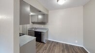 This single-story unit is finished with dark hardwood-style flooring that runs consistently throughout, providing a cohesive and grounded aesthetic across all spaces. The living area is open and straightforward, featuring textured walls, a textured ceiling, and a sliding glass door that brings in natural light and provides direct access to an outdoor patio area with views of a grassy exterior space.

The kitchen is efficiently laid out and equipped with gray laminate cabinetry both above and below the countertop, a speckled gray countertop surface, an undermount sink, and a black dishwasher. A stovetop is also present, and the space connects naturally to the main living area, creating an open flow between the two zones.

The bathroom includes a full tub-and-shower combination with tiled surround, a toilet, and a vanity with a single basin sink set into a speckled gray countertop with gray cabinetry below. A framed mirror and a lighted vanity fixture are mounted above the sink, and dark hardwood-style flooring continues into this space.

The bedroom offers ample wall space and includes a walk-in closet with built-in shelving. Throughout the unit, textured ceilings and neutral gray wall tones contribute to a clean, utilitarian ambiance.