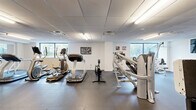 Located at 2801 E Main St in Richmond, Virginia, this fitness center offers a well-appointed, single-floor workout facility designed to support a full range of exercise routines. The space is finished with a durable dark rubber floor, white walls, and a suspended drop-tile ceiling with integrated fluorescent lighting that keeps the area consistently bright throughout.

The cardio section is well-stocked, featuring treadmills, elliptical trainers, a rowing machine, and upright stationary bikes — providing ample options for aerobic training. The strength training area is equally comprehensive, housing a cable crossover machine, a multi-function cable station, leg press and extension machines, adjustable weight benches, and a full dumbbell rack displayed in front of a wall-length mirror, allowing users to monitor their form during lifts.

Natural light filters into the space through multiple windows positioned along the walls, offering views of surrounding greenery and contributing to an open, energizing atmosphere. A wall-mounted television is available for entertainment during workouts. Additional amenities include a dual-level water fountain station and access to a restroom facility. Motivational wall art is strategically placed throughout the space. The overall layout is practical and uncluttered, allowing for comfortable movement between equipment stations.