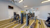 This fitness center is a comprehensively outfitted exercise facility designed to support a full range of workout routines. The space features vaulted ceilings that lend an open, airy feel, complemented by ceiling fans that promote air circulation throughout. Large arched windows along one wall invite abundant natural light and offer views of the surrounding exterior, creating an energizing atmosphere for workouts.

The floor is covered in a bold, striped carpet in tones of yellow, green, and gray, adding a vibrant visual character to the space. A full-length wall mirror runs along one side of the room, effectively doubling the perceived size of the facility while allowing users to monitor their form during exercise.

The strength training area is well-appointed with multiple cable and resistance machines, a dumbbell rack stocked with a range of weights, and various seated press and pull machines. The cardio section features treadmills, an elliptical trainer, a stationary bike, and a stair climber, catering to a variety of aerobic preferences. A medicine ball rack with an assortment of weighted balls adds functional training options to the mix.

A wall-mounted flat-screen television provides entertainment, while flush panel lighting ensures the space remains well-lit at all hours. The clean, light gray walls and organized layout contribute to a focused and motivating workout environment.