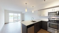 Located at 10720 5th Avenue NE in Seattle's Meadowbrook neighborhood, this contemporary single-floor unit offers a thoughtfully designed open-concept layout. The living area features warm wood-tone laminate flooring and large sliding glass doors that open to a private balcony, filling the space with natural light and offering views of the surrounding neighborhood and tree canopy.

The kitchen is a standout feature, equipped with stainless steel appliances including a refrigerator, range, microwave, and dishwasher. Two-tone cabinetry — dark lower cabinets paired with light upper cabinets — frames a white quartz peninsula countertop with an undermount sink, ideal for both meal prep and casual dining. Pendant lighting above the peninsula adds a modern touch.

The bedroom is a quiet, carpeted retreat with a ceiling fan and ample wall space. The full bathroom features a tiled tub/shower combo, a white quartz vanity with dark wood-tone cabinetry, and stone-look tile flooring. A stacked Whirlpool washer and dryer unit is conveniently tucked into a dedicated nook just off the bathroom, providing in-unit laundry without sacrificing living space. Clean white walls and consistent modern finishes throughout give the unit a cohesive, contemporary feel.
