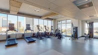 This exercise room is a thoughtfully designed fitness facility that combines functionality with an energizing atmosphere. The space is defined by expansive floor-to-ceiling windows along its primary wall, flooding the interior with abundant natural light and offering sweeping views of the surrounding urban skyline—an inspiring backdrop for any workout. The smooth, light-toned flooring provides a clean and practical surface throughout.

The room is comprehensively equipped with a robust selection of cardio machines, including treadmills, ellipticals, stationary bikes, an air bike, and a rowing machine. Strength training is well-represented with a multi-station cable machine, a weight bench, and additional resistance equipment. Stability balls and a wall-mounted pull-up bar round out the functional fitness options.

A standout feature is a bold, decorative accent wall rendered in vibrant turquoise with intricate geometric and mandala-inspired patterns in gold and white. A wall-mounted flat-screen television is centered on this wall, adding an entertainment option for users. The drop ceiling with recessed panel lighting ensures consistent, even illumination throughout. Exposed concrete structural elements along the ceiling add an industrial character, complementing the modern, urban aesthetic of the space.