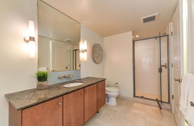 Master bathroom with a walk-in shower, which also contains the washer/dryer units - 1025 1st St SE