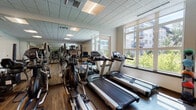 This fitness center is thoughtfully designed to accommodate a wide range of workout needs within a single, open-plan floor. The space is finished with durable hardwood-style flooring throughout and features a drop tile ceiling with recessed panel lighting, lending the room a clean, functional aesthetic.

Large windows line multiple walls, flooding the interior with natural light and offering views of the surrounding greenery and neighboring buildings. Full-length mirrors are mounted along one wall, visually expanding the space and supporting proper form during exercise.

The cardio section is well-appointed with multiple treadmills and elliptical trainers arranged in rows near the windows, alongside a stationary recumbent bike. A dedicated strength and functional training zone includes a cable machine, medicine ball rack, BOSU ball, and a step platform, offering versatility for varied workout routines.

A separate free weights area features a rack of kettlebells in ascending sizes, a flat adjustable bench, and a dumbbell rack, providing ample options for resistance training. An exercise mat is also available for floor-based work. The overall layout is organized and spacious, supporting simultaneous use by multiple individuals comfortably.