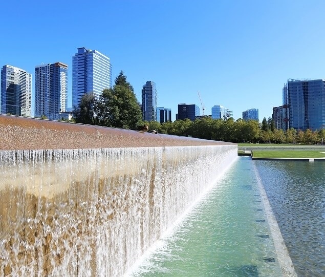 Bellevue Downtown Park features a 240-foot-wide waterfall and reflecting pond