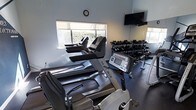 This single-floor fitness room is designed to provide a comprehensive workout environment in a compact, efficiently organized space. The room is outfitted with multiple Matrix-brand treadmills and at least one stationary bike, positioned to make full use of the available floor area. Natural light streams in through several windows fitted with roller shades, creating a bright and energizing atmosphere while offering views of surrounding greenery. A wall-mounted flat-screen television is positioned for easy viewing during cardio sessions, accompanied by a wall clock to help users track their workout time. Along one wall, a multi-tier dumbbell rack holds a complete range of free weights, catering to strength training needs alongside the cardio equipment. The flooring appears to be a durable dark fitness-grade material suitable for high-traffic use. The walls are painted in a clean, neutral light gray tone, contributing to an open and motivating ambiance. Large mirrors may also be present, enhancing the sense of space. Overall, the room balances functionality and comfort, offering residents or guests a convenient and well-maintained space for both cardio and strength-based exercise routines.