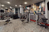 Located at 50 Barnum Ave in Port Washington, NY, this single-floor fitness center is designed to provide a comprehensive workout experience in a well-equipped, modern setting. The space features a bold interior design with grey walls accented by striking red baseboards, a patterned carpet floor with typographic motifs, and a drop-panel ceiling with recessed lighting throughout.

The cardio zone houses Matrix-brand treadmills and an elliptical trainer, positioned near a narrow horizontal window that allows a glimpse of natural light and outdoor greenery. The strength training area is well-stocked with a variety of resistance machines, including a cable system and selectorized equipment, complemented by a full rack of dumbbells displayed along a mirrored wall that enhances the sense of depth and space.

A large, vibrant mural of marathon runners serves as a dynamic focal point, energizing the atmosphere and reinforcing the facility's athletic spirit. A wall-mounted flat-screen television is positioned for visibility across the workout floor. The space also includes a water dispenser station, sanitation supplies, and a clearly marked emergency exit, ensuring both convenience and safety for users. The overall ambiance is functional, motivating, and thoughtfully appointed for a well-rounded fitness experience.
