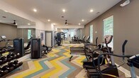 Located at 2235 W Tyvola Rd in Charlotte, NC, this single-floor fitness center is thoughtfully designed to support a comprehensive workout experience. The space is outfitted with a wide array of TRUE-brand cardio equipment, including multiple treadmills, elliptical trainers, and a stair climber, all arranged along the perimeter to maximize open floor space. A dedicated strength training area features a multi-function cable and weight machine, a leg extension/curl bench, and a dumbbell rack, while TRX suspension straps provide options for functional fitness training. Large wall-mounted mirrors span one end of the room, visually expanding the space and allowing users to monitor their form during workouts. The flooring throughout is a striking chevron-patterned carpet in shades of yellow, teal, gray, and beige, adding a bold, energetic aesthetic to the environment. Multiple windows with horizontal blinds line the walls, inviting natural light and views of the surrounding greenery. Recessed lighting and ceiling fans ensure the space remains well-lit and comfortable during use. A separate adjoining room with hardwood flooring and a glass-paneled door provides additional space, suitable for stretching, yoga, or group fitness activities. The overall ambiance is modern, bright, and motivating.
