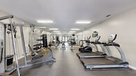 This fitness center offers a comprehensive workout facility within a single, efficiently organized space. The room features a durable rubber-tile floor designed to withstand heavy equipment use, and is illuminated throughout by recessed fluorescent ceiling fixtures that provide consistent, bright lighting. White walls and large wall-to-wall mirrors along one side visually expand the space and allow users to monitor their form during exercise.

The cardio zone is equipped with multiple True-brand treadmills and elliptical machines, positioned along one side of the room for easy access. Opposite these, a multi-station cable and weight machine provides a full range of strength training options, complemented by a dedicated free weights area featuring a tiered dumbbell rack, medicine balls, kettlebells, and stability balls. A punching bag and TRX suspension training system add functional fitness options to the lineup.

A wall-mounted television is positioned for visibility across the room. At the far end, glass double doors open to an outdoor pool area, allowing natural light to filter into the space and providing a refreshing view. The overall ambiance is clean, functional, and well-maintained, making this fitness center a versatile facility suited for a wide variety of workout routines.