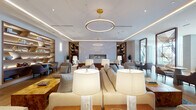 This thoughtfully designed single-floor space presents a series of distinct yet interconnected zones, each crafted with refined attention to detail. The primary lounge area serves as the centerpiece, featuring a generous arrangement of neutral-toned sofas and seating clusters anchored by a sleek linear fireplace set against a softly veined stone accent wall. Overhead, a signature gold hoop pendant light commands attention, complemented by recessed cove lighting that casts a warm, layered glow throughout. Flanking built-in shelving units in rich dark wood display curated décor, adding warmth and depth to the space.

Adjacent seating areas offer varied atmospheres, from intimate conversation groupings to more open lounges with light hardwood flooring, backlit open shelving, and patterned area rugs in blue and gold tones. A dedicated business center provides workstation desks beneath framed artwork, paired with comfortable lounge seating for informal collaboration. A striking diagonal wood-paneled feature wall anchors another lounge zone, housing a recessed fireplace flanked by brass accent furnishings.

A formal conference room features a long walnut table surrounded by mustard-toned chairs, enclosed by steel-framed glass partitions that allow visual connectivity while maintaining privacy. A wide corridor connects all areas seamlessly, reinforcing the space's polished, hospitality-inspired character.