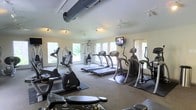 This fitness center is a well-appointed single-floor facility designed to support a range of workout routines. The space is generously sized, accommodating a diverse selection of cardio and strength training equipment, including multiple treadmills, elliptical machines, stationary bikes, and a multi-station cable machine. A wall-mounted flat-screen television provides entertainment during workouts, while ceiling fans and exposed ductwork contribute to ventilation and air circulation throughout the room. The flooring features a combination of carpet and rubber fitness mats, providing appropriate surfaces for both machine use and free movement. Natural light flows in through several large windows positioned along the walls, offering views of the surrounding outdoor greenery and creating a bright, welcoming atmosphere. Track lighting supplements the natural light, ensuring the space remains well-lit at all times. The neutral-toned walls and open layout give the facility a clean, functional aesthetic. Overall, the fitness center is thoughtfully arranged to maximize usable floor space while maintaining comfortable circulation between equipment stations.