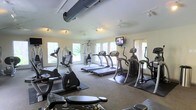 This fitness center is a well-appointed single-floor facility designed to support a range of workout routines. The space is generously sized, accommodating a diverse selection of cardio and strength training equipment, including multiple treadmills, elliptical machines, stationary bikes, and a multi-station cable machine. A wall-mounted flat-screen television provides entertainment during workouts, while ceiling fans and exposed ductwork contribute to ventilation and air circulation throughout the room. The flooring features a combination of carpet and rubber fitness mats, providing appropriate surfaces for both machine use and free movement. Natural light flows in through several large windows positioned along the walls, offering views of the surrounding outdoor greenery and creating a bright, welcoming atmosphere. Track lighting supplements the natural light, ensuring the space remains well-lit at all times. The neutral-toned walls and open layout give the facility a clean, functional aesthetic. Overall, the fitness center is thoughtfully arranged to maximize usable floor space while maintaining comfortable circulation between equipment stations.