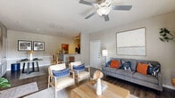 This thoughtfully designed one-bedroom, one-bathroom residence in Houston, TX offers a functional and inviting single-floor layout. The open-concept living and dining area is anchored by warm wood-look flooring, a ceiling fan, and a set of French doors that invite natural light and outdoor views. The living room provides a comfortable, versatile space that flows seamlessly into the dining area. The kitchen is well-equipped with rich wood cabinetry, granite-style countertops, a tile backsplash, and black appliances including a refrigerator, range, and built-in microwave. A hallway connects the main living areas to the private bedroom, which features plush carpeting, dual windows overlooking the outdoors, and a ceiling fan. Two closets provide ample storage. The bathroom includes a vanity with rich wood cabinetry, a large mirror, and a soaking tub with shower combination, finished with wood-look flooring. Additional utility and laundry rooms add everyday convenience. Neutral tones and textured ceilings throughout create a cohesive, understated ambiance that is both practical and comfortable.