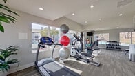 This fitness center is a thoughtfully designed, single-floor space offering a comprehensive range of exercise equipment to support diverse workout routines. The room features vaulted ceilings in one section and standard recessed ceilings in another, creating an open, airy atmosphere throughout. Large windows line multiple walls, flooding the interior with abundant natural light and providing views of the surrounding outdoor areas, including a nearby pool and landscaping.

The flooring consists of durable, neutral-toned carpet tiles, offering both comfort and functionality underfoot. Cardio equipment includes treadmills and elliptical machines positioned along the windowed walls to maximize natural light during workouts. A multi-station cable machine supports a variety of strength-training exercises, while a dedicated dumbbell rack offers a graduated selection of free weights. A weight bench provides additional options for strength training. Exercise balls in multiple sizes are neatly stored on a vertical rack, adding versatility for functional fitness. A wall-mounted flat-screen television is positioned for easy viewing from the cardio area. The space also includes potted plants near the entrance, adding a welcoming touch, and direct exterior access through a glass-panel door.