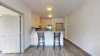 This single-floor unit is designed with an open, functional layout that seamlessly connects the kitchen and living areas. The kitchen is well-appointed with light wood cabinetry, granite-style countertops, and a full suite of stainless steel appliances, including a refrigerator, range, over-the-range microwave, and dishwasher. Wood-look flooring runs throughout, lending a cohesive and low-maintenance aesthetic to the entire space.

A peninsula-style breakfast bar extends from the kitchen, offering a granite-style overhang that accommodates bar seating for two, making it ideal for casual dining or entertaining. The open sightlines between the kitchen and living area create an airy, connected feel, while flush-mount ceiling fixtures provide consistent, even lighting throughout.

The bathroom features a granite-topped vanity with light wood cabinetry and a large mirror that reflects additional light into the space. A stacked washer and dryer unit is conveniently integrated into the bathroom area, providing in-unit laundry without sacrificing significant space. Neutral wall tones and consistent wood-look flooring carry through every room, creating a clean, unified ambiance throughout the unit.