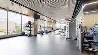 Located at 3170 W Olympic Blvd in Los Angeles, this modern fitness center offers a well-appointed, single-floor exercise space designed for a comprehensive workout experience. The facility is characterized by its contemporary architectural design, featuring a striking grid-pattern ceiling with integrated lighting, warm wood-paneled accent walls, and a sleek, durable rubberized floor throughout.

Floor-to-ceiling windows line the perimeter, flooding the space with natural light and offering open views of the surrounding Los Angeles cityscape. Roller shades provide flexible light control when needed. The generous open floor plan accommodates a wide range of equipment zones, each thoughtfully arranged to maximize usability.

The cardio section is equipped with treadmills, ellipticals, stair climbers, rowing machines, and stationary cycling bikes, all positioned along the window wall to take advantage of the exterior views. A dedicated strength training area features cable machines, multi-functional weight stations, and a full dumbbell rack backed by floor-to-ceiling mirrors that enhance the sense of depth and space. Additional open floor space supports stretching and functional training activities.

Entry to the facility is through glass-paneled doors framed by the wood-accent walls, lending a polished, welcoming aesthetic. The overall ambiance is clean, bright, and professional, reflecting a high-standard fitness environment suited for a diverse range of training needs.