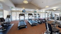 This single-floor fitness center offers a comprehensive workout environment designed to accommodate a wide range of exercise routines. The space is architecturally distinguished by vaulted ceilings that lend an open, airy feel, complemented by pendant lighting fixtures suspended throughout. A generous wall of floor-to-ceiling windows and glass panel doors along one side floods the gym with natural light while providing views of the surrounding outdoor greenery, creating an inviting atmosphere for exercise.

The cardio zone features multiple treadmills and elliptical machines positioned to face the expansive windows, each equipped with individual monitor screens for entertainment. The strength training area includes a variety of cable and weight machines, accommodating both upper and lower body workouts. A dedicated free weights section offers a full rack of dumbbells, stability balls, a BOSU trainer, and an adjustable workout bench, supported by large wall-mounted mirrors that visually expand the space and assist with form.

Durable, rubber-backed flooring in a warm terracotta tone covers the workout areas, providing cushioning and traction. Additional amenities include a water fountain station and what appears to be a water cooler unit. The overall layout is thoughtfully organized, ensuring ample circulation space between equipment zones for a comfortable and functional fitness experience.
