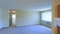 This single-floor space presents a straightforward and functional layout. The main living area is finished with wall-to-wall carpeting in a neutral tone, providing a clean and uniform foundation throughout the room. The walls are painted in a soft, muted yellow-green hue, contributing to a calm and understated ambiance. Standard-height ceilings with a smooth finish keep the space feeling open and uncluttered.

Natural light enters through a window fitted with vertical blinds, which also houses a window-mounted air conditioning unit beneath it, indicating climate control capability within the room. Along the base of the exterior wall, a baseboard heating unit provides an additional source of warmth. A wall-mounted light fixture is visible near the entryway to an adjacent room, suggesting a practical lighting setup throughout.

A doorway or pass-through opening connects the main area to a secondary space, hinting at a multi-room layout. The overall design is simple and utilitarian, with minimal architectural detailing, making it a blank canvas well-suited for a variety of furniture arrangements and personal customization.