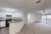 Located at 6710 Collins Road in Jacksonville, FL, this single-floor, three-bedroom, two-bathroom residence offers a well-organized layout across a comfortably sized footprint. The open-concept main living area seamlessly connects the kitchen, dining, and living spaces, creating a bright and versatile space for everyday living and entertaining. The kitchen features a peninsula with dark countertops, white cabinetry, track lighting, and black appliances including a range and refrigerator, with easy sight lines into the living and dining areas. Plush carpeting flows throughout the main living spaces and all three bedrooms, while the entry and kitchen transition to hard-surface flooring. Each bedroom is fitted with a ceiling fan and light kit, and benefits from natural light through window blinds. The spacious primary bedroom connects to the balcony through sliding glass doors, offering outdoor access and views. Two bathrooms serve the home — one featuring a full tiled tub-shower combination, and the second with a walk-in shower. The hallway includes multiple closets for ample storage. A dedicated pantry and in-unit laundry area add practical convenience. Textured ceilings are consistent throughout, and the overall palette of neutral tones gives the home a clean, move-in-ready appearance.