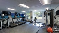 This fitness center offers a clean, functional layout designed to support a well-rounded workout routine. The space is outfitted with a row of treadmills and an elliptical trainer, all equipped with individual digital display screens for tracking performance. A stationary bike provides an additional cardio option, while a cable machine and flat workout bench cater to strength and resistance training needs. A wall-mounted flat-screen television adds an entertainment element to the cardio area, keeping users engaged during their sessions. The flooring features durable rubberized material suited for gym use, providing both comfort and safety. Large windows along one wall allow ample natural light to flow into the space and offer pleasant views of the surrounding greenery, creating an inviting and energizing atmosphere. The drop-panel ceiling with recessed fluorescent lighting ensures the room remains bright and well-lit at all times. The walls feature a subtle blue accent stripe, adding a modern touch to the otherwise neutral color palette. Overall, the fitness center presents a practical and welcoming environment for daily exercise.