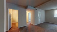This single-floor residence offers a practical and comfortable layout with a variety of functional spaces. The living area is generously sized, featuring plush carpeting, a ceiling fan, exposed structural beams on the textured ceiling, and a mirrored wall that enhances the sense of space and reflects natural light. A louvered storage closet adds convenient built-in storage to the living area. The bedroom is well-proportioned, finished with soft carpet underfoot, neutral walls, and a window fitted with vertical blinds that allow natural light to filter in. The kitchen is equipped with warm-toned wood cabinetry, speckled laminate countertops, a dishwasher, and a sink, all set over rich hardwood-style flooring that extends into the adjacent hallway. The bathroom features a dedicated vanity area with a wide countertop, white cabinetry, and a large mirror, while the separate water closet houses a full tub-shower combination with white tile surround and a toilet. Throughout the space, a consistent palette of neutral tones and white trim creates a clean, cohesive aesthetic. The textured ceilings and hardwood-style flooring in key areas add character and warmth to the overall environment.
