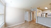 This single-story, one-bedroom, one-bathroom unit in New Orleans offers a well-organized layout designed to maximize functionality. The open-concept living and dining area features light-toned hardwood-style flooring, neutral gray walls, and crown molding, creating a clean, cohesive aesthetic throughout the main living space.

The kitchen is a standout feature, equipped with white shaker-style cabinetry, granite countertops, and a full suite of stainless steel appliances including a refrigerator, range, built-in microwave, and dishwasher. A peninsula with pendant lighting connects the kitchen to the living area, providing additional counter space and a casual dining option.

The bedroom offers plush carpeting, a ceiling fan, and a window that allows natural light to filter in. Closet space is accessible nearby, adding practical storage. The full bathroom includes a granite-topped vanity with an undermount sink, wood-style flooring, and a tiled tub-shower combination with a curved curtain rod. Neutral tones and brushed nickel hardware contribute to a consistent, modern finish throughout the unit.