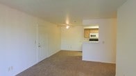 This single-floor unit offers a straightforward, functional layout centered around an open living area. The space features wall-to-wall carpeting in a neutral tone, creating a warm and cohesive feel throughout. A ceiling fan is centrally mounted overhead, providing both ventilation and a modest lighting fixture for the main living area. The walls are finished in a clean, off-white tone that keeps the space feeling bright and open.

A pass-through counter connects the living area to the kitchen, allowing for an open sightline between the two spaces. The kitchen is equipped with medium-toned wood cabinetry providing ample storage, a built-in microwave, and a dark range. The counter-height pass-through also serves as a casual dining or workspace option. A standard six-panel door near the living area provides access to either an entry point or a closet, adding practical utility to the layout. Overall, the unit presents a clean, move-in-ready environment with a simple and practical design well-suited for everyday living.