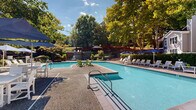 This expansive two-level outdoor amenity space is thoughtfully designed to deliver a resort-like experience. At its heart sits a generously sized swimming pool with crystal-clear turquoise water, featuring a unique island deck at its center outfitted with Adirondack chairs — an inviting spot to relax and soak in the surroundings. The pool deck is lined with lounge chairs and shaded by large umbrellas, offering ample space for leisure under open skies framed by towering mature trees.

A standout architectural feature is the striking multi-tiered stone waterfall fountain, constructed from richly textured natural stone. Water cascades in layers into a semicircular basin below, creating a tranquil focal point that adds both visual appeal and a soothing ambiance to the space.

The grounds are connected by a series of stone staircases with wrought iron railings, navigating between the two levels while integrating harmoniously with the natural terrain. Stone retaining walls draped in ivy reinforce the organic aesthetic throughout.

Shaded gazebos with peaked roofs are positioned at various points across the property, providing sheltered gathering areas amid the greenery. Lush, mature landscaping — including ornamental grasses, flowering plants, and a diverse canopy of trees — envelops the entire space, creating a serene and private outdoor retreat.