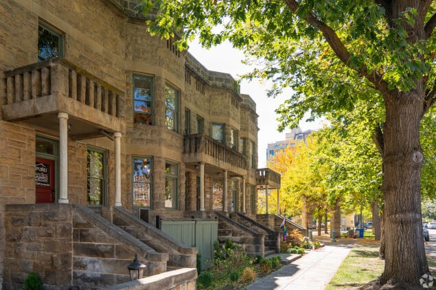 Stone apartment homes along a residential street in Downtown Boise.