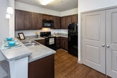 Located at 200 Citygreen Way in Chattanooga, Tennessee, this single-floor residence offers a thoughtfully designed layout with a cohesive blend of comfort and functionality. The kitchen serves as a central hub of the home, featuring rich dark-stained cabinetry, light countertops, and a peninsula with pendant lighting that separates it from the living area. Black appliances, including a range, microwave, and refrigerator, are neatly integrated alongside a double-basin sink. The flooring transitions from warm hardwood in the kitchen to plush carpeting in the open living area, creating a comfortable and inviting atmosphere. A dedicated laundry closet tucked just off the kitchen houses a stacked washer and dryer unit for added convenience. The bedroom is a peaceful retreat, finished with soft carpet and a ceiling fan with light fixture. A set of double glass doors floods the room with natural light and provides access to an outdoor balcony with views of the surrounding neighborhood. The bathroom is clean and well-appointed, featuring a single-sink vanity with dark cabinetry, tile flooring, and crisp white walls. Together, the spaces offer a practical and comfortable living environment in a residential community setting.