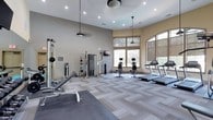 This fitness center is designed to accommodate a comprehensive range of exercise activities within a bright, open layout. The space features elevated ceilings that contribute to an airy, expansive atmosphere, enhanced by recessed lighting and stylish pendant light fixtures that provide consistent illumination throughout. Large windows along one wall flood the room with natural light and offer views of the surrounding greenery, creating an inviting environment for exercise.

The flooring combines patterned carpet tiles with rubberized mat sections, providing both comfort and functionality across different workout zones. On the strength training side, the space is outfitted with a cable machine, adjustable bench, weight racks, and medicine balls, catering to a variety of resistance and functional training exercises. A wall-mounted television provides entertainment or instructional content in this area.

The cardio zone features upright stationary bikes and treadmills positioned near the windows, allowing users to enjoy outdoor views during their workouts. The neutral color palette of warm beige and gray tones throughout the space contributes to a clean, modern aesthetic, making this fitness center both practical and visually appealing.