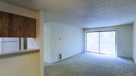This single-floor space features an open-concept living area designed for functional, everyday use. The living room is carpeted throughout and benefits significantly from a large sliding glass door that stretches across the far wall, allowing abundant natural light to flood the interior and providing direct access to an outdoor area. The textured popcorn ceiling adds a classic residential character to the space.

The layout connects the living area to an adjacent kitchen or utility zone, partially visible along the left side of the space. Warm wood-toned cabinetry is visible in this area, offering practical storage solutions. A floor-level heating or ventilation unit is positioned along the baseboard, indicating a functional climate control system integrated into the design.

The walls are finished in a clean, neutral white, providing a versatile backdrop suitable for a variety of interior styles. The open floor plan creates a sense of spaciousness, with ample room for furniture arrangement. Overall, the space presents a straightforward, practical layout with key features such as natural light access, carpeted comfort underfoot, and a seamless indoor-outdoor connection via the sliding glass door.